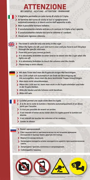 Pannello multilingue con il regolamento completo per la visita alla cripta - Graframan