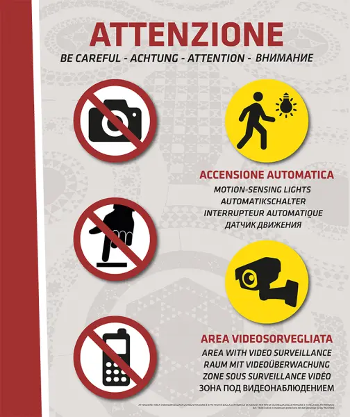 Pannello con le icone di divieto foto, non toccare, accensione automatica e area videosorvegliata - Graframan