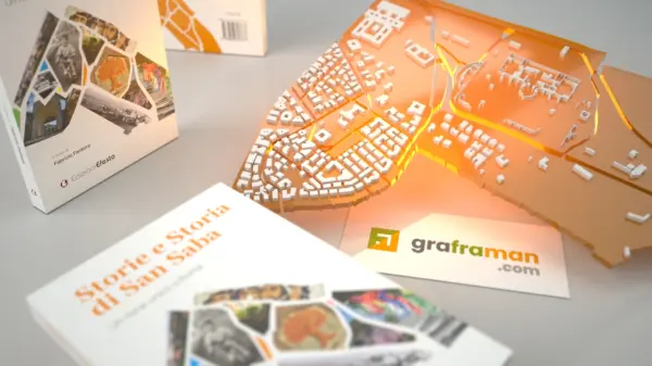 Rendering 3D della mappa del rione San Saba, la stessa sagoma dell'illustrazione di copertina del libro - Graframan