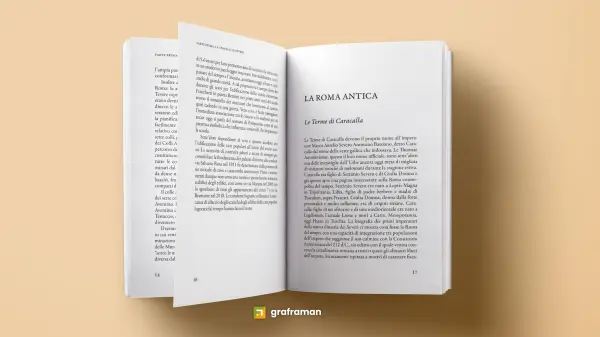 Doppia pagina interna del libro con il capitolo dedicato alle Terme di Caracalla - Graframan