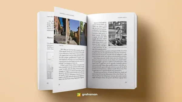 Doppia pagina interna con fotografie di Viale Giotto e uno scatto d'epoca degli anni cinquanta a un nasone del rione - Graframan
