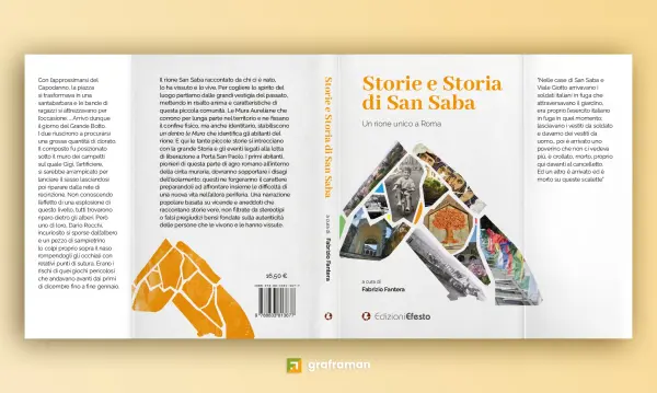 Copertina completa del libro "Storie e Storia di San Saba", con fronte, dorso e retro e l'illustrazione a mosaico fotografico a forma di mappa del quartiere - Graframan